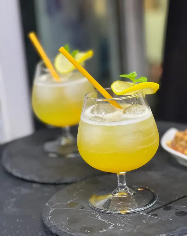 Two stemmed glasses of iced orange drink with lemon and mint