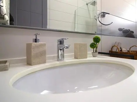 Bathroom washbasin with soap dispenser and small plant