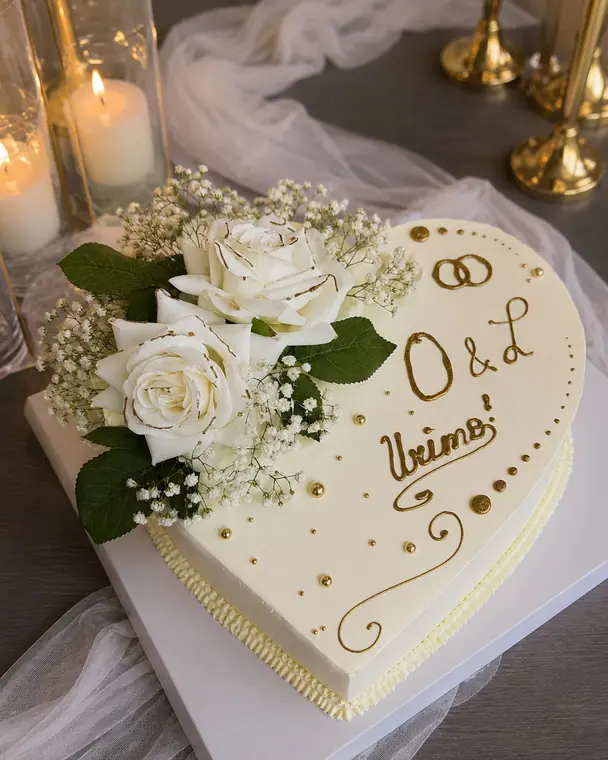 Heart-shaped white cake with roses and gold piped initials