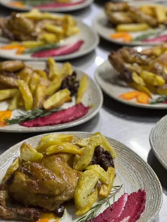 Multiple plates of roast chicken and potatoes lined up on pass