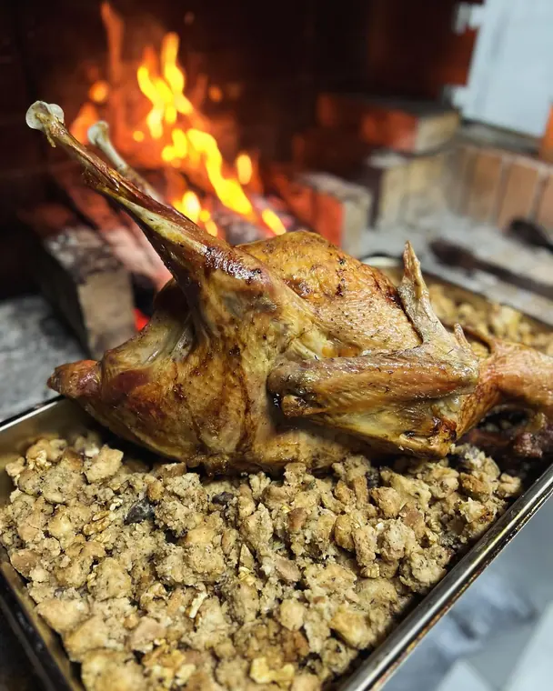 Whole roast bird on tray of stuffing in front of open fire
