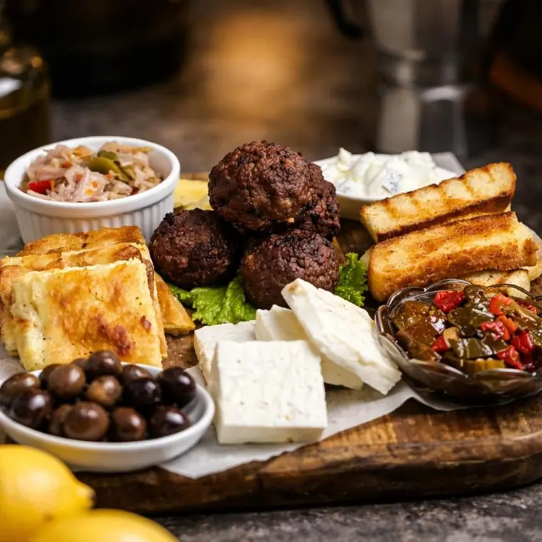 Wooden board with cheese, olives, meatballs, pastry and dips