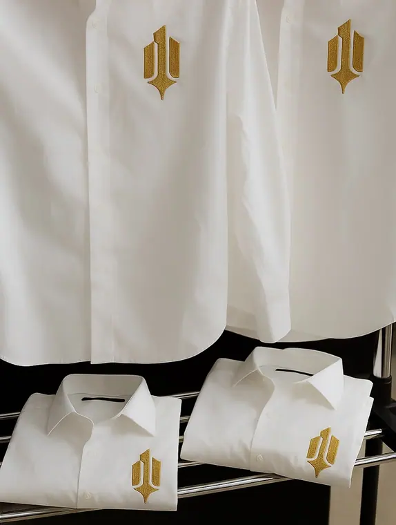 Hanging and folded white shirts with gold chest embroidery