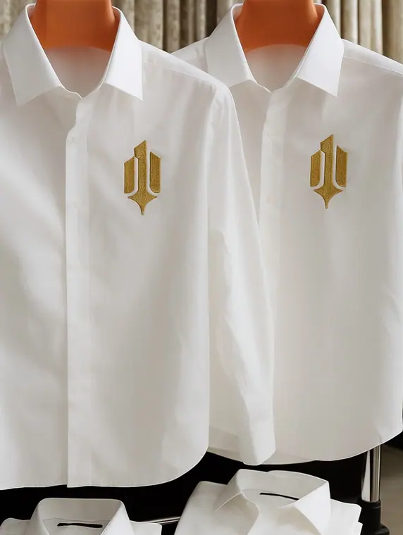Two white logo-embroidered shirts on mannequins by curtain
