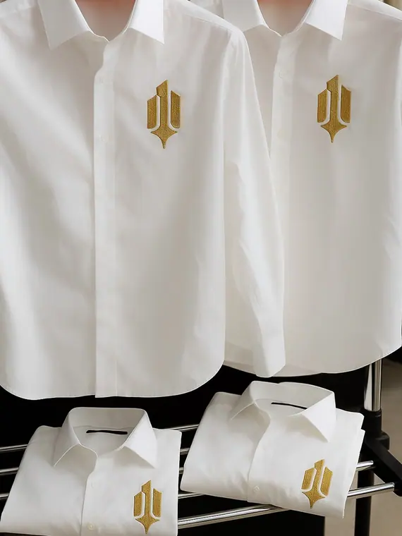 White staff shirts with gold embroidered logo on rack and shelf
