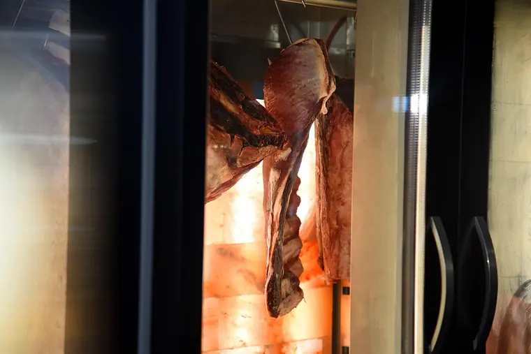 Beef cuts hanging in a salt-wall dry-aging cabinet