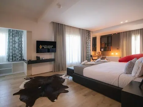 Bedroom with TV, grey curtains and red armchair